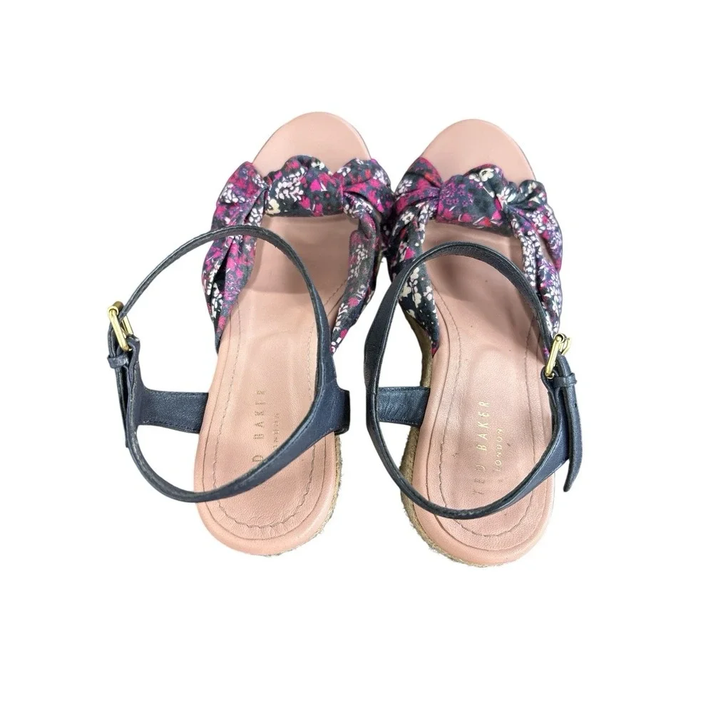 Ted Baker London Taylina Floral Espadrille Wedge‎ Sandal Navy Blue Size 7.5 / 38